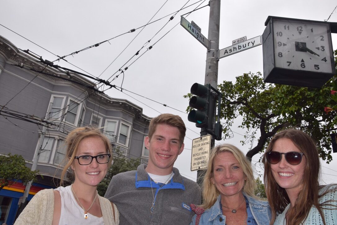 The family at the famous corner of Haight and Ashbury streets, San Francisco