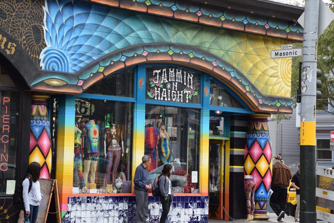The colorful storefront of Jammin' on Haight, a tie-dye shop in the Haight-Ashbury district